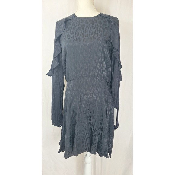Jay Godfrey Black Cheetah Print Ruffle Cutout Long Sleeve Dress‎ Sz 12 NWT - Picture 1 of 8